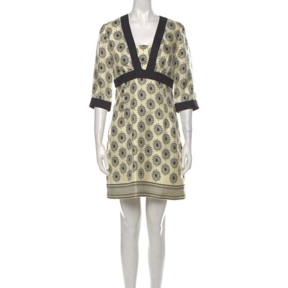 Milly 100% silk cream & black trim starburst 3/4 sleeve dress elegant size 2